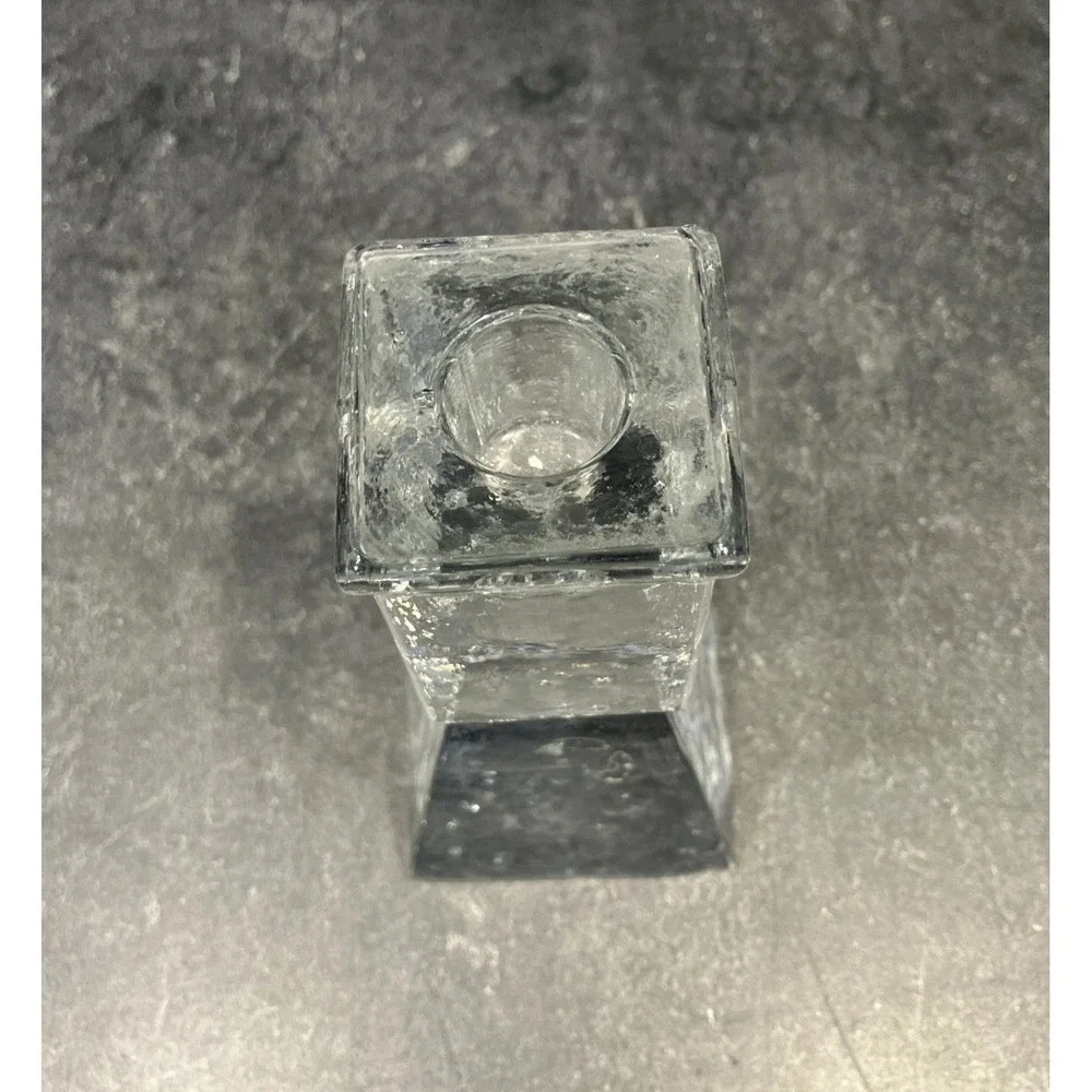 Scandinavian Ice Block Glass Candle Holder Brutalist Bubble Crystal MCM Vintage